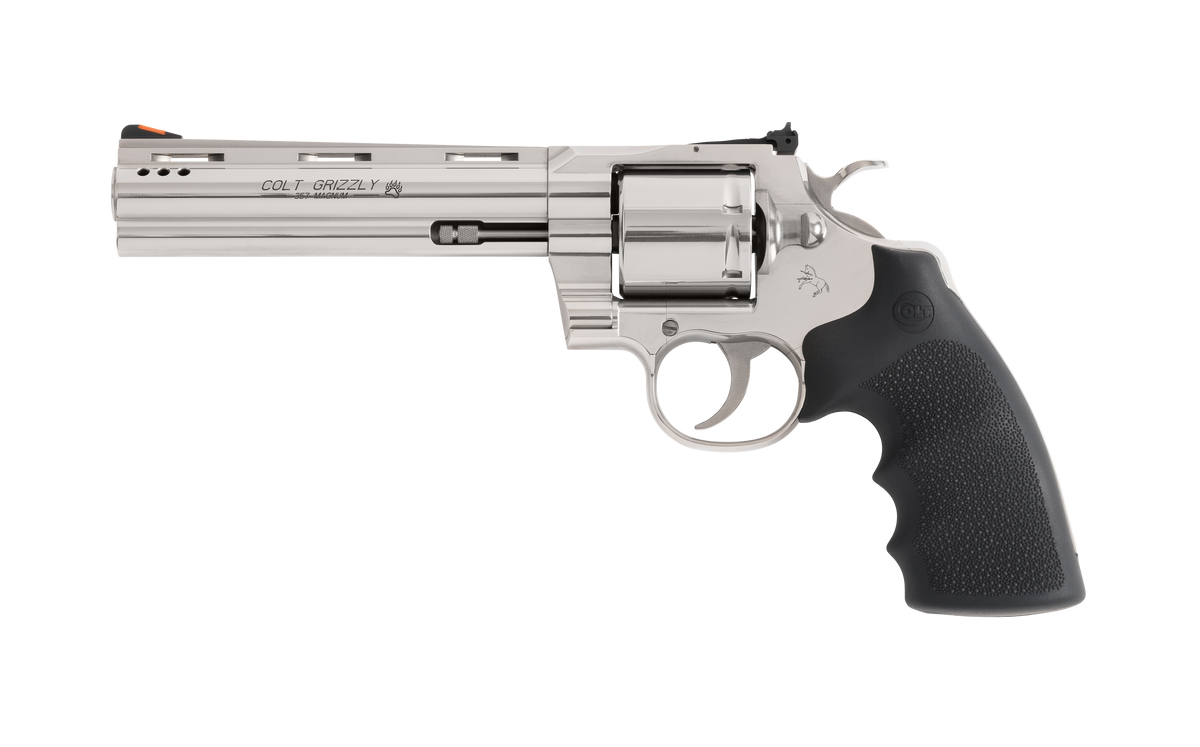Colt Mfg GRIZZLYSP6RTS Grizzly 357 Mag 6 Shot 6" Stainless Ported Vent Rib Barrel, Stainless Unfluted Cylinder, Stainless Stainless Steel Frame, Black Hogue Overmolded Grip, Exposed Hammer