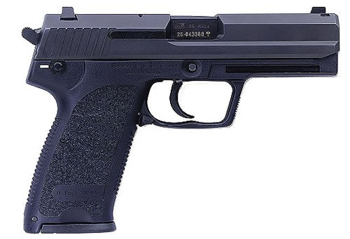 HK 81000322 USP V1 SA/DA 45 ACP Caliber with 4.41" Barrel, 12+1 Capacity, Overall Black Finish, Serrated Trigger Guard Frame, Serrated Steel Slide & Polymer Grip Includes 2 Mags