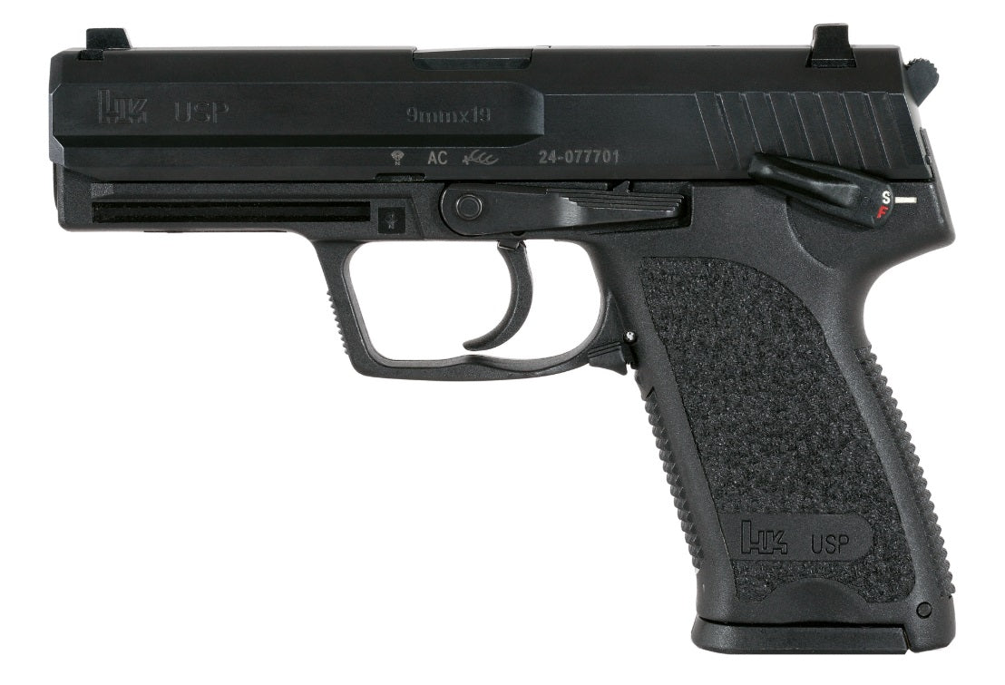HK 81000307 USP V1 SA/DA 9mm Luger Caliber with 4.25" Barrel, 15+1 Capacity, Overall Black Finish, Serrated Trigger Guard Frame, Serrated Steel Slide & Polymer Grip Includes 2 Mags