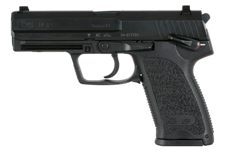 HK 81000307 USP V1 SA/DA 9mm Luger Caliber with 4.25" Barrel, 15+1 Capacity, Overall Black Finish, Serrated Trigger Guard Frame, Serrated Steel Slide & Polymer Grip Includes 2 Mags