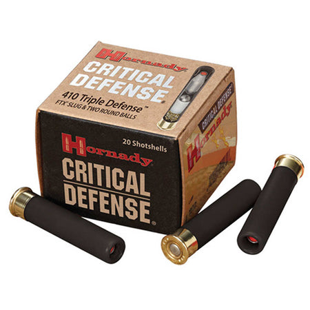 Hornady .410 Bore Shotgun Ammo Critical Defense Triple Defense 2 Round Balls/1 Slug Triple Defense FTX Slug & 2 round balls 2.5 in 9/16 oz Slug / Buckshot