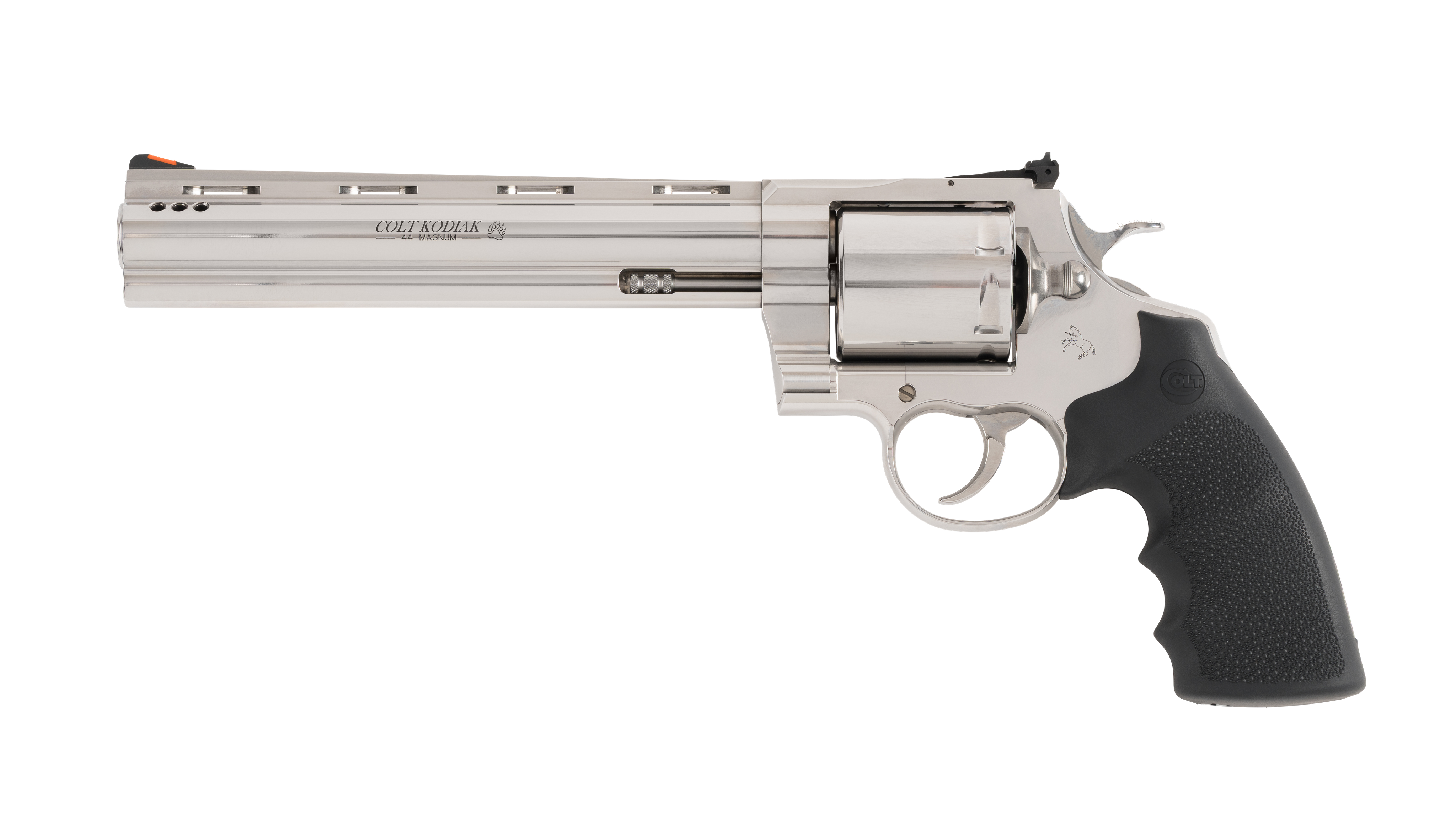 Colt Mfg KODIAKSP8RTS Kodiak 44 Mag 6 Shot 8" Stainless Ported Vent Rib Barrel, Stainless Unfluted Cylinder & Stainless Steel Frame, Black Rubber Grip, Exposed Hammer