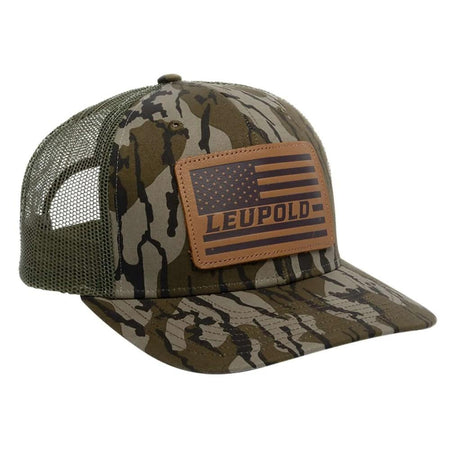 Leupold Mossy Oak Bottomland Camo/Green Leather Flag Trucker Cap