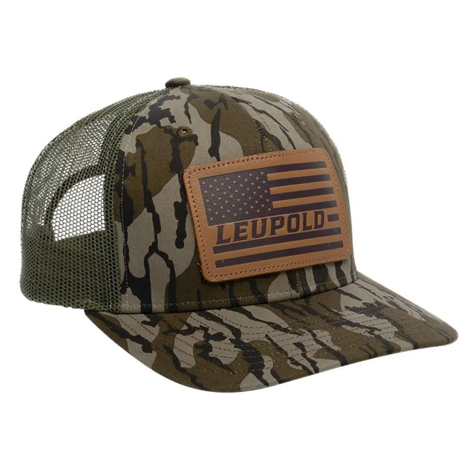 Leupold Mossy Oak Bottomland Camo/Green Leather Flag Trucker Cap