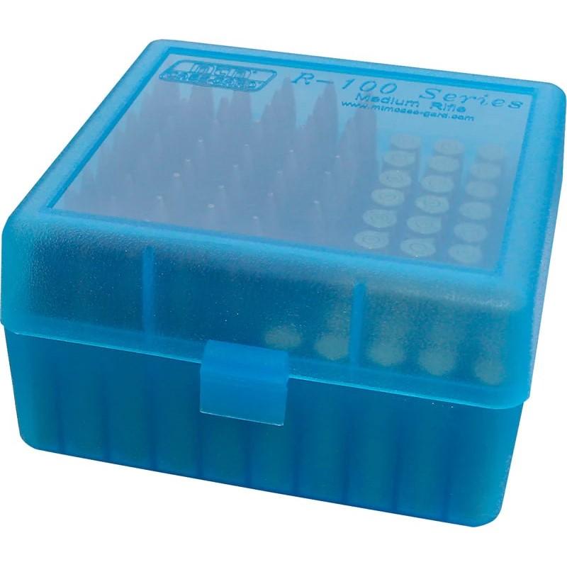 MTM Flip Top Rifle Ammo Box 100 Rounds .22-250/.308/.243/.220 Swift Clear Blue