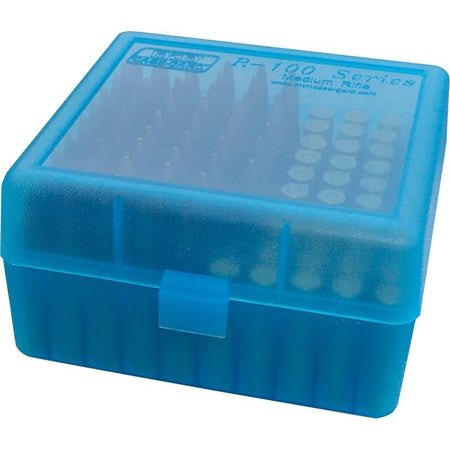 MTM Flip Top Rifle Ammo Box 100 Rounds .22-250/.308/.243/.220 Swift Clear Blue