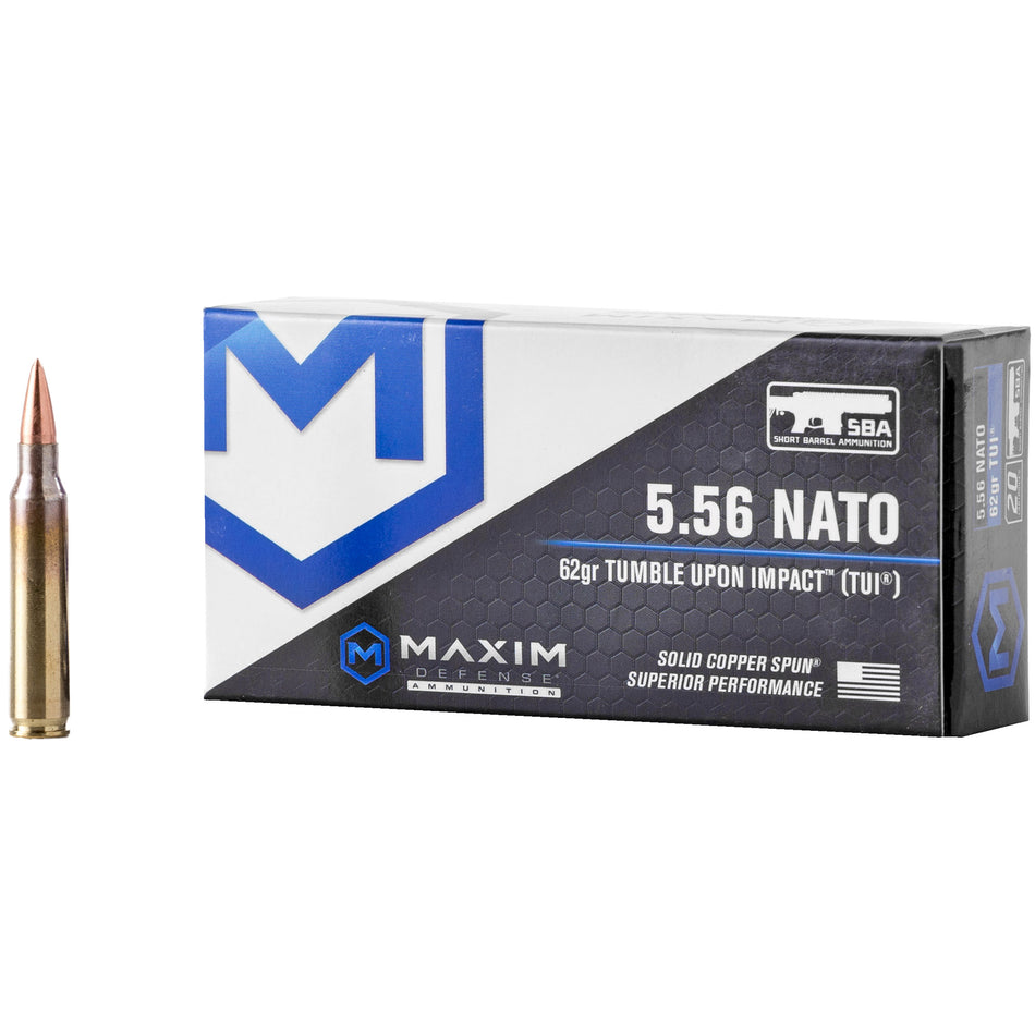 Maxim Defense 5.56x45mm NATO SBA Short Barrel Ammunition 62 grain Copper TUI ammunition