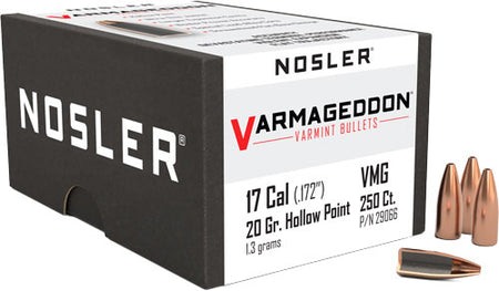 Nosler .172 Diameter 20 Grain Varmageddon Flat Base HP 17 Cal Bullets 250-Pack