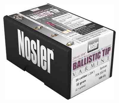 Nosler .204 Diameter 32 Grain Ballistic Tip Boat Tail 20 Cal Bullets 100-Pack