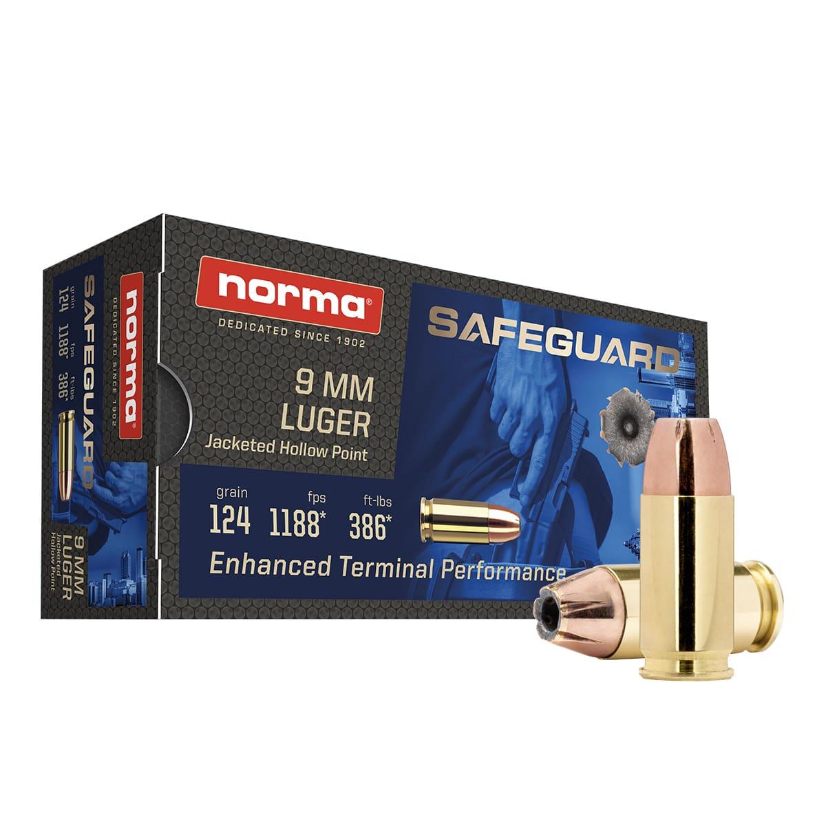 Norma 9mm Luger / Parabellum Safeguard 124 grain Jacketed Hollow Point ammunition