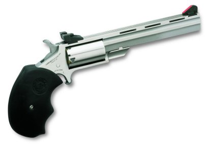 North American Arms MMTM Mini-Master *CA Compliant 22 WMR 5 Shot 4" Stainless Steel Vent Rib Barrel, Stainless Steel Frame, Stainless Cylinder, Black Finger Grooved Rubber Grip, Exposed Hammer
