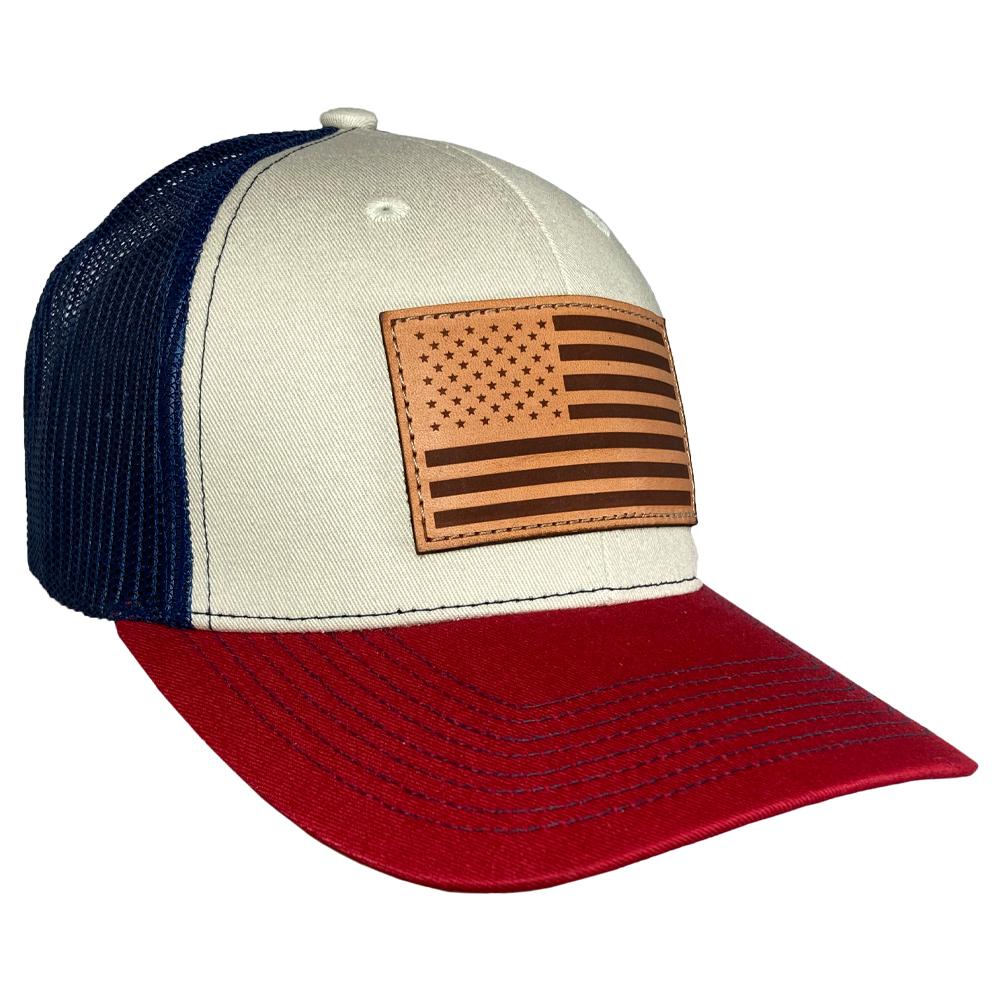 Outdoor Cap Trucker Hat Stone/Navy/Cardinal Colorway with USA Flag Leather Patch