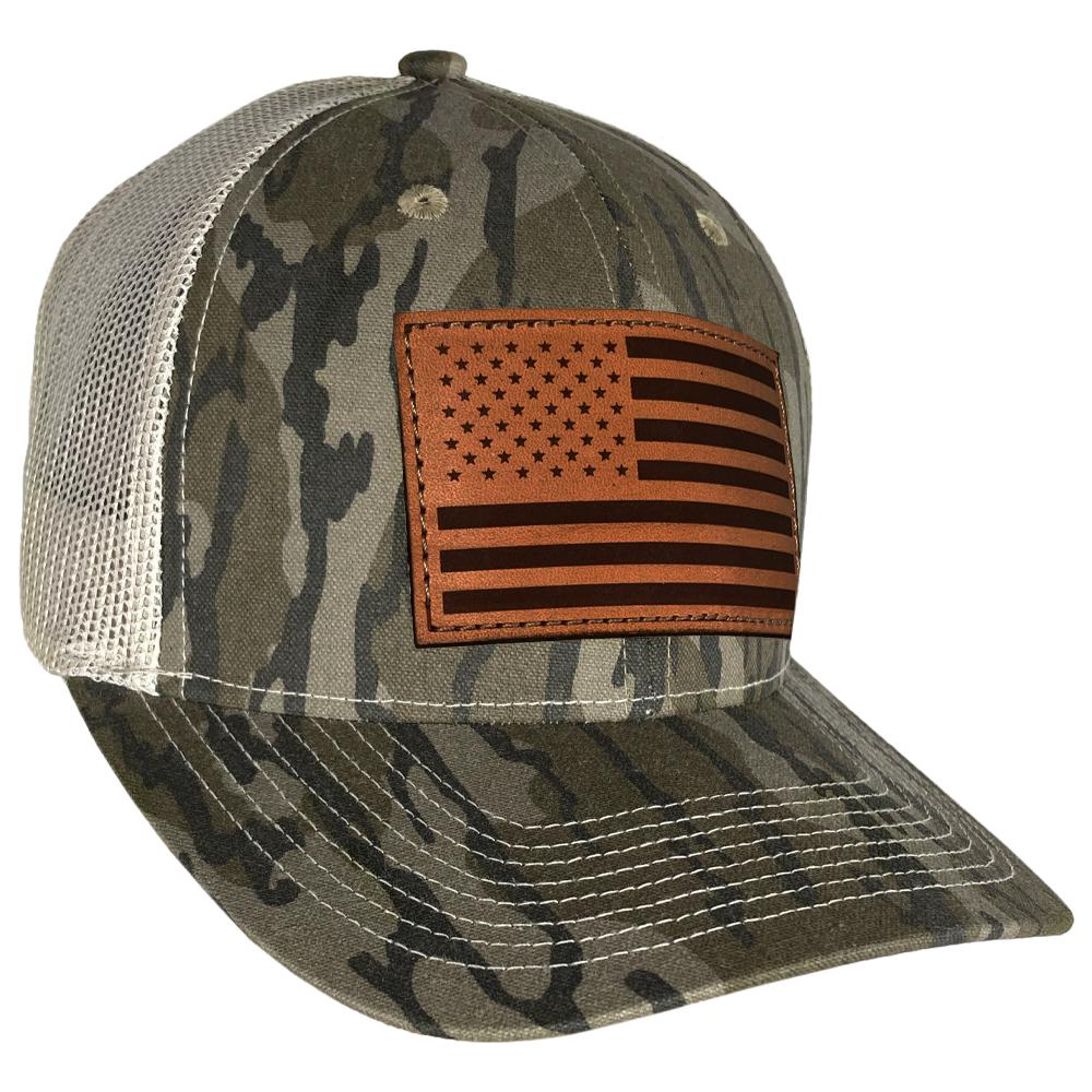 Outdoor Cap Bottomland Trucker with USA Flag Leather Patch Camo