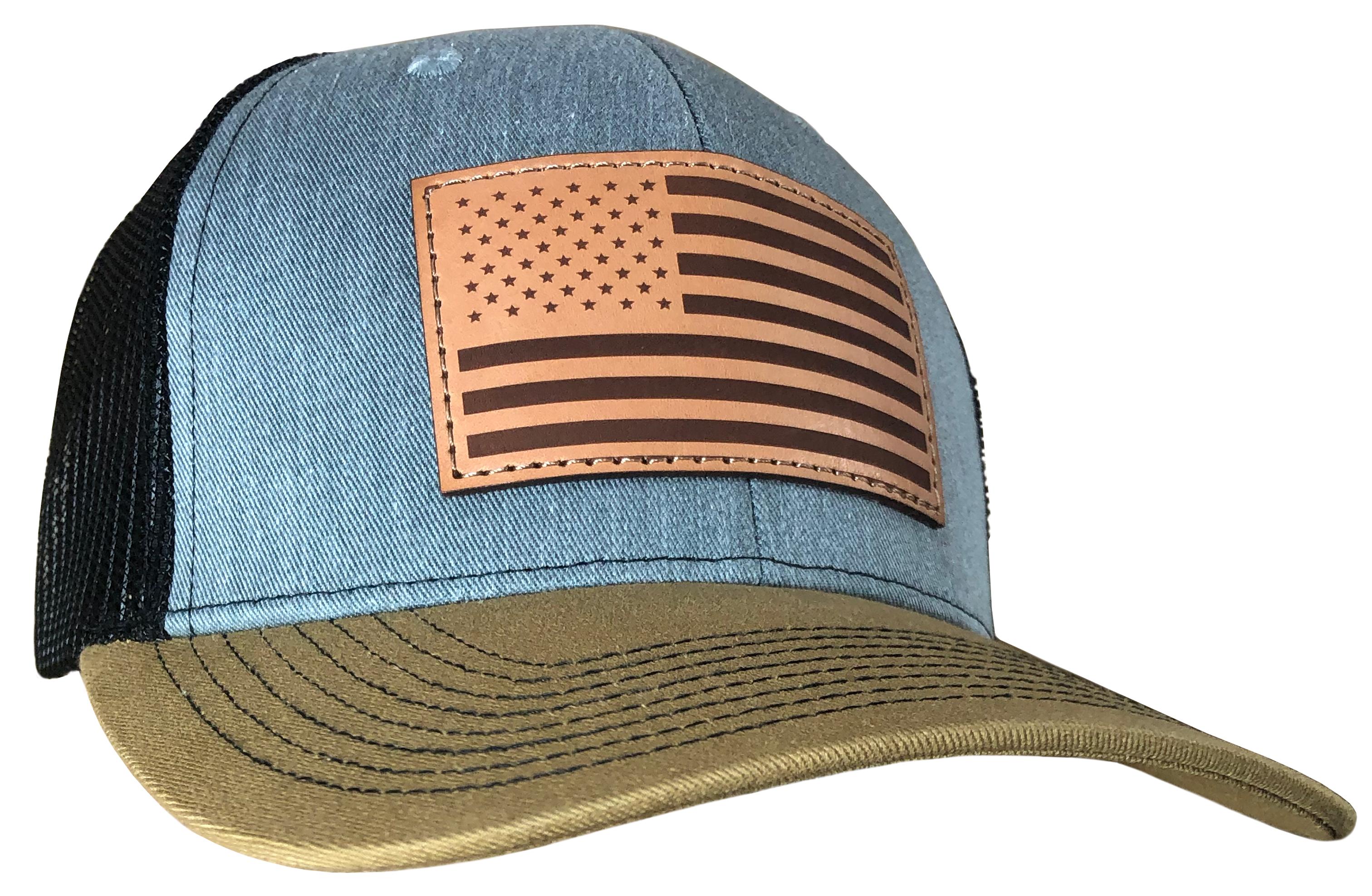 Outdoor Cap Trucker Hat Heathered Grey/Blk/Old Gold with USA Flag Leather Patch