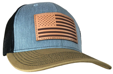 Outdoor Cap Trucker Hat Heathered Grey/Blk/Old Gold with USA Flag Leather Patch