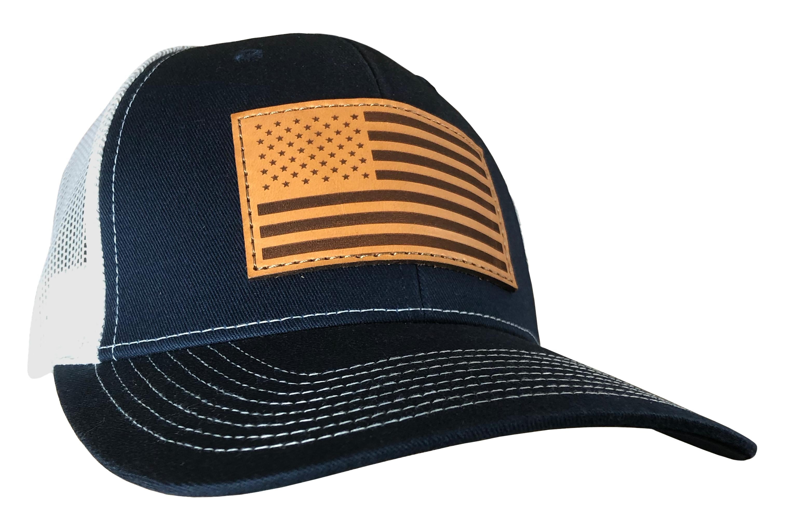Outdoor Cap Trucker Hat Navy and White with USA Flag Leather Patch