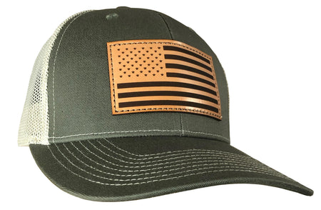 Outdoor Cap Trucker Hat Olive and Khaki with USA Flag Leather Patch