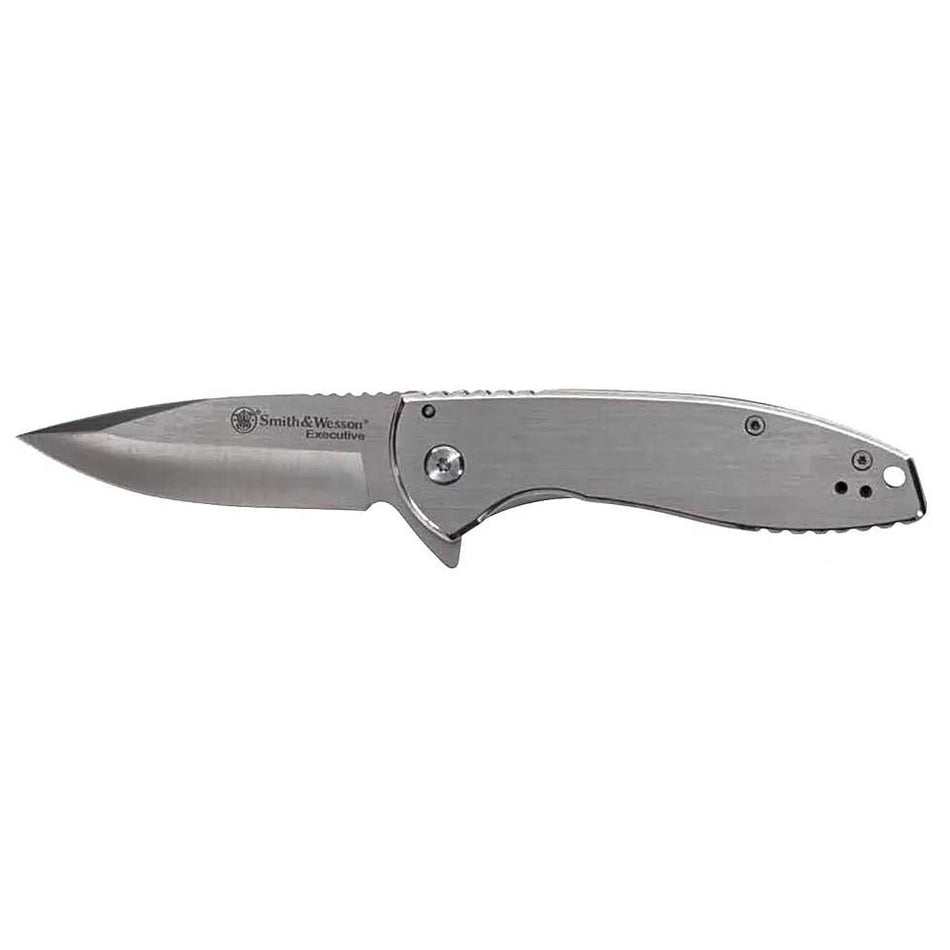 S&W KT Executive Platinum Folder 3" Satin Drop Point Blade Silver Steel Handle