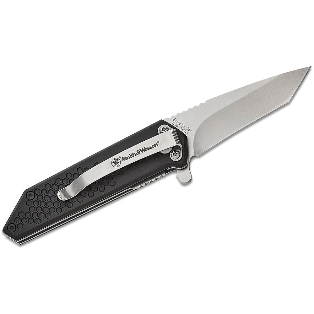 S&W Extreme Ops Framelock Folding Knife 2-1/2" Stonewash Tanto Blade Black