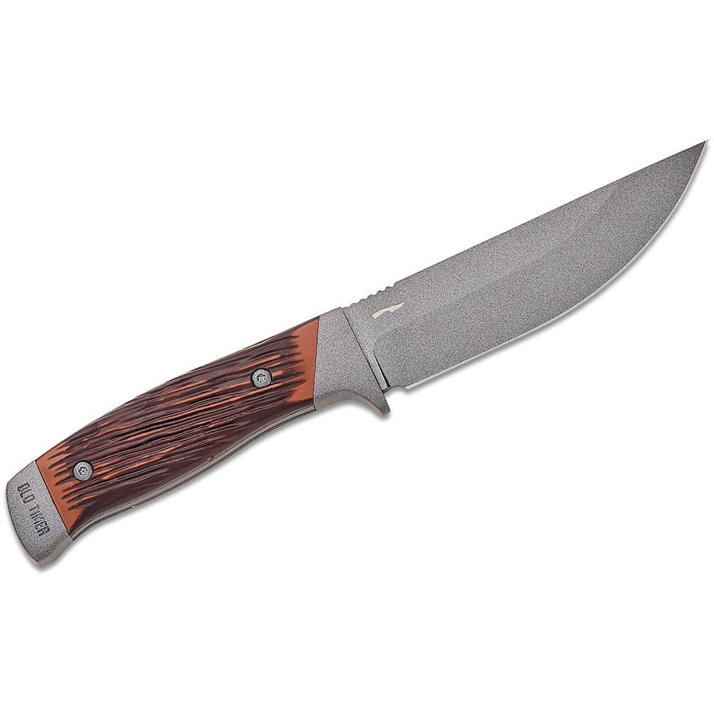 Old Timer Frontier Fixed Blade 5" Drop Point Knife 7Cr17 Steel with Leather Sheath