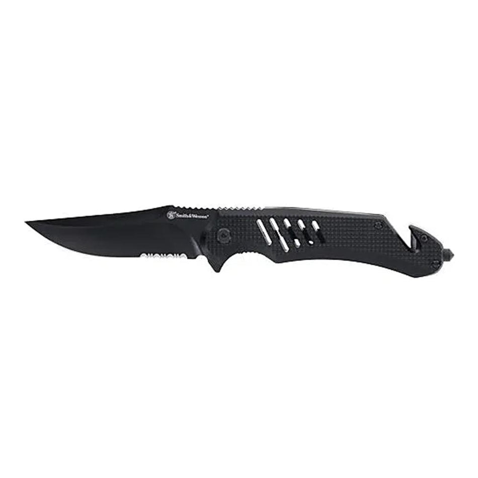 Smith & Wesson Extreme Ops 3.5" Clip Point Folding Knife Black Glass Breaker and Strap Cutter