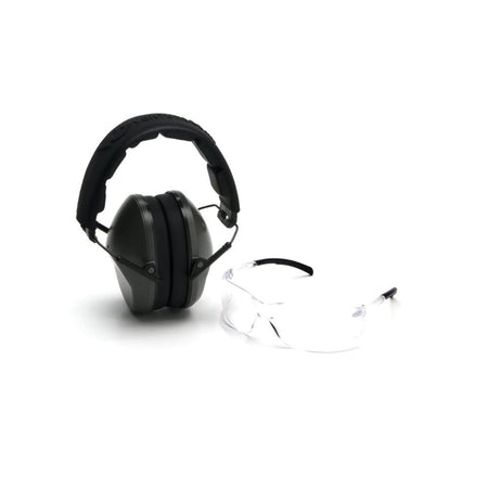 Pyramex Clear Shooting Glasses and Passive Ear Muff 24dB Combo Kit OD Green