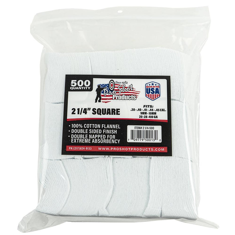 Pro-Shot 500-Count 2-1/4" Square 100% Cotton Cleaning Patches .38-.45 Cal/.20-410 Ga