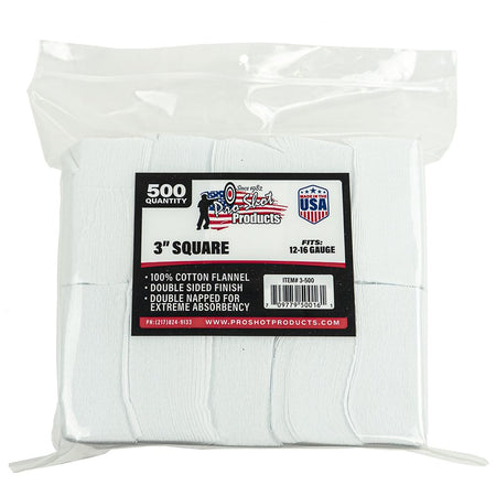 Pro-Shot 3-Inch Square 12-16 GA Cotton Cleaning Patches 500/ct