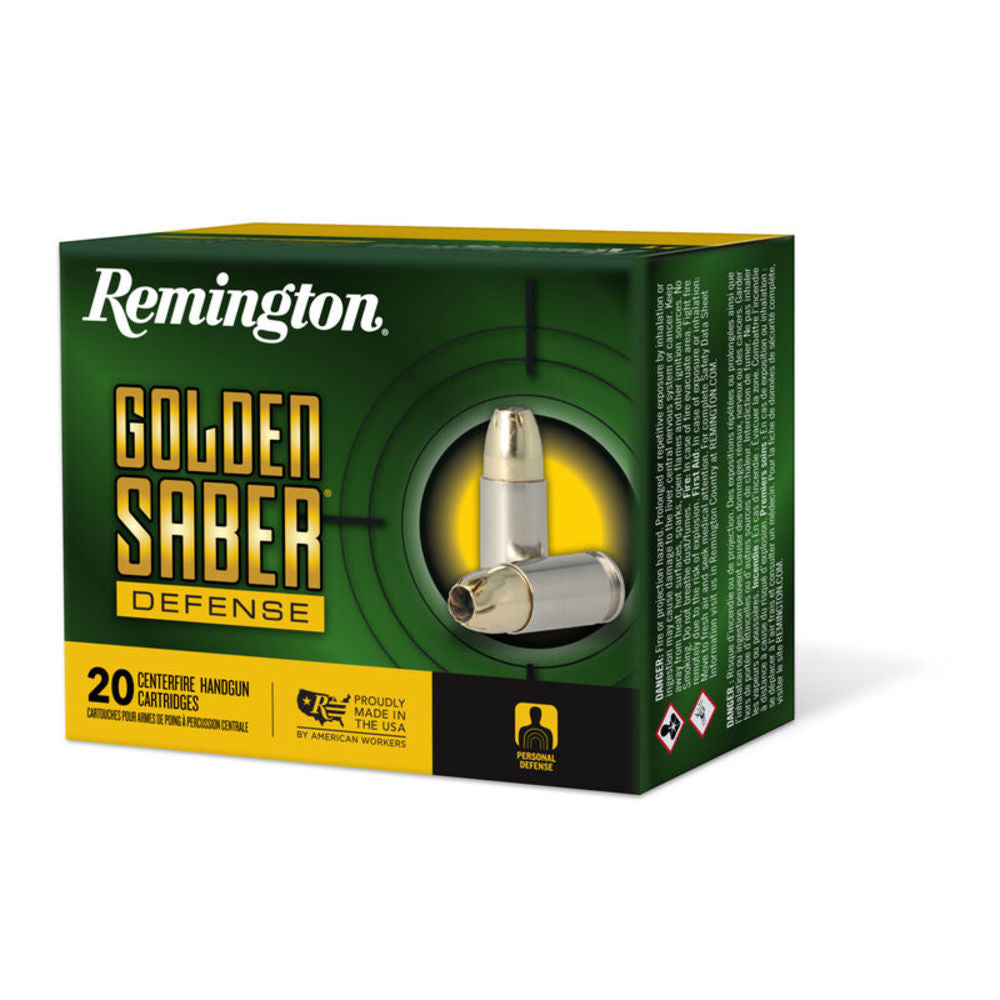 Remington 9mm Luger / Parabellum Golden Saber Defense +P 124 grain Brass Jacket Hollow Point ammunition