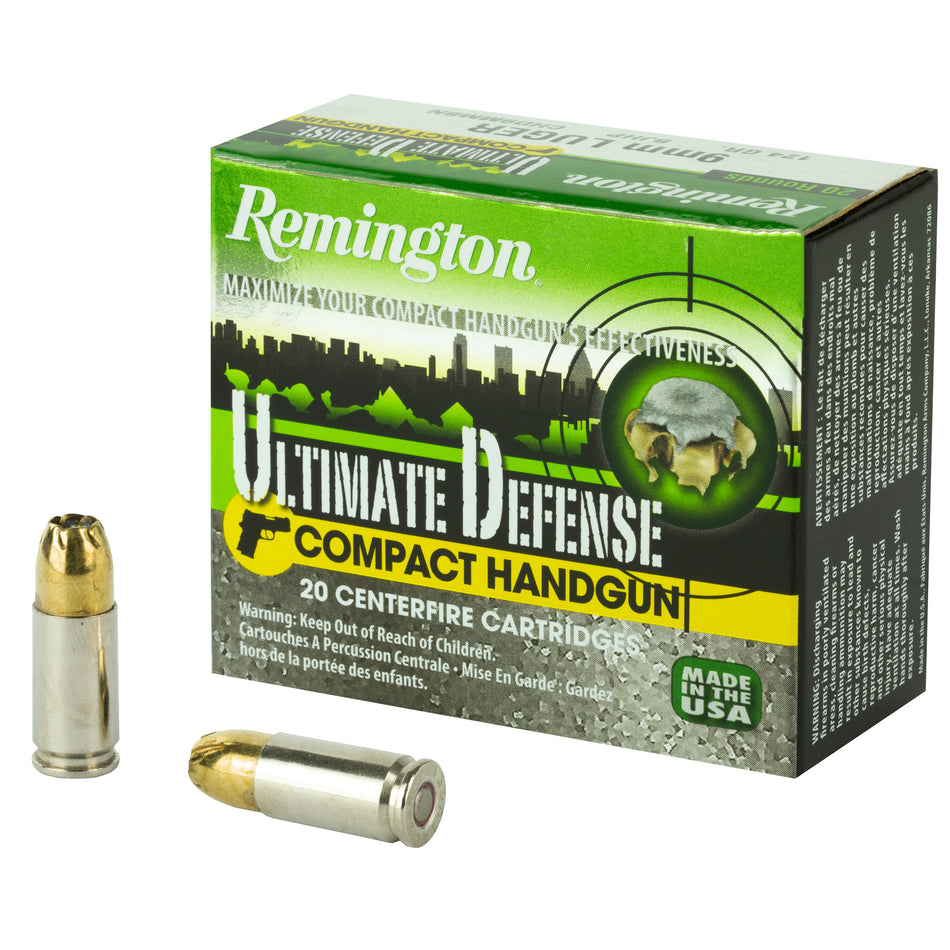 Remington 9mm Luger / Parabellum Ultimate Defense Compact 124 grain Brass Jacket Hollow Point ammunition