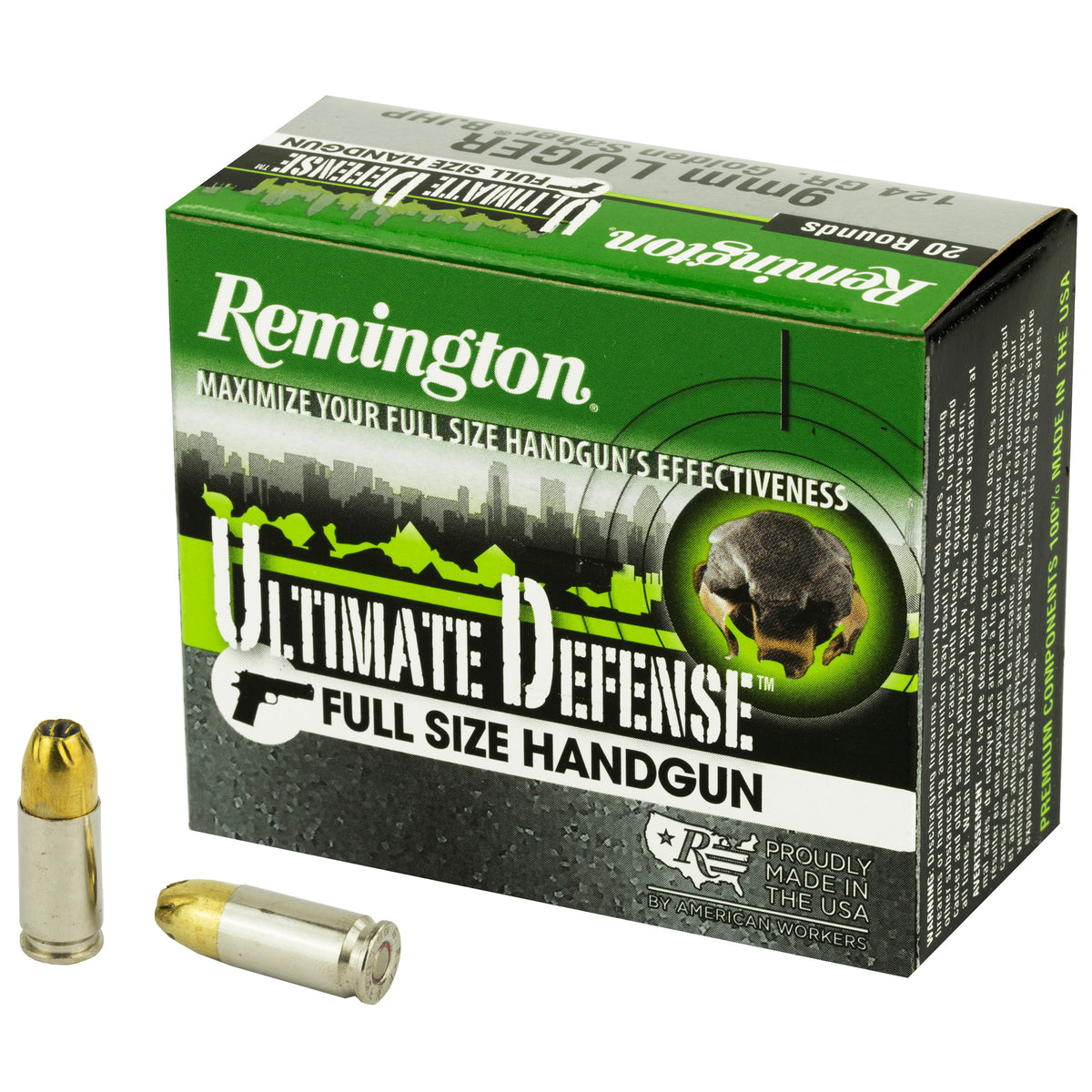 Remington 9mm Luger / Parabellum Ultimate Defense Full-Size 124 grain Brass Jacketed Hollow Point ammunition