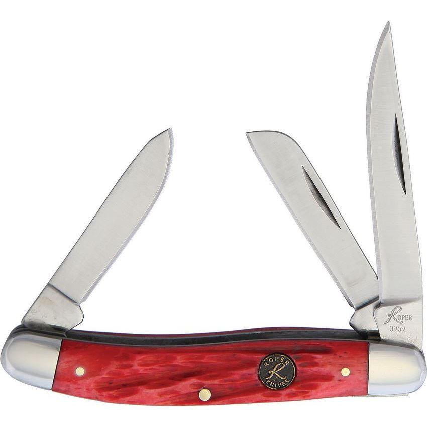 Roper Knives Stockman Chaparral 3-Blade Folding Knife 2.5" Red Bone Handles