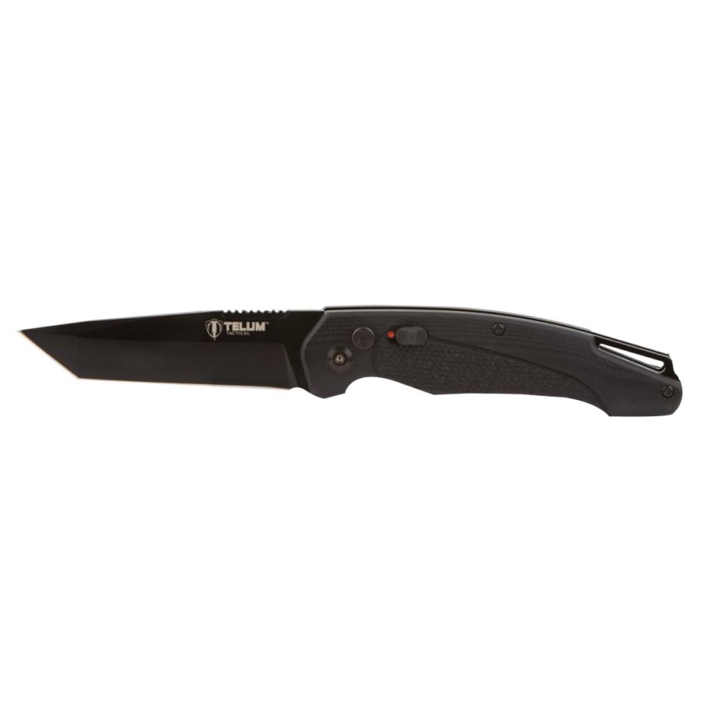 Telum Titan Automatic Knife 4" Stone-Washed Tanto Blade Black Handle