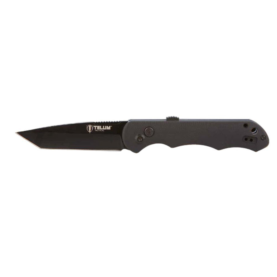 Telum Aftershock Push-Button Automatic Knife 3-1/2" Tanto Black G10 Handle