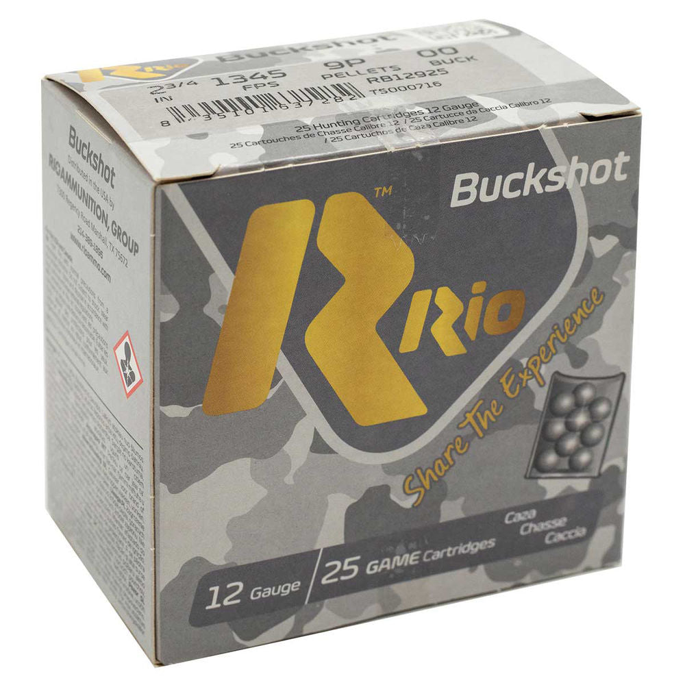 Rio Ammunition 12 Gauge Shotgun Ammo Royal Buck 9 Pellets 2.75 in 1-1/8 oz 00 Buck