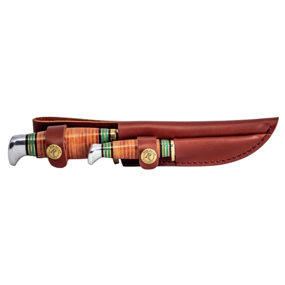 Remington Stacked Leather Fixed Blade Knife Set - Clip Point and Jr. Skinner with Sheath