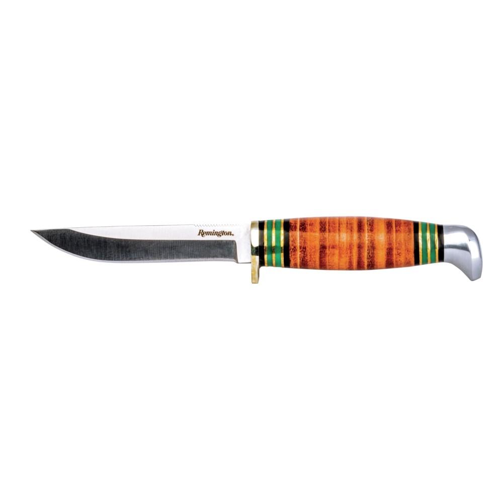Remington 4" Straight Back Fixed Knife with Stacked Leather Handle and Stainless Steel Guard