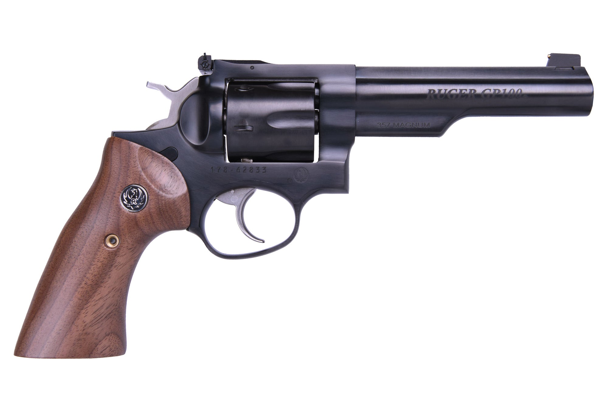 GP100 357MAG BLUE 5" HALF LUG 1768 ADJ SGTS/WALNUT GRIPS