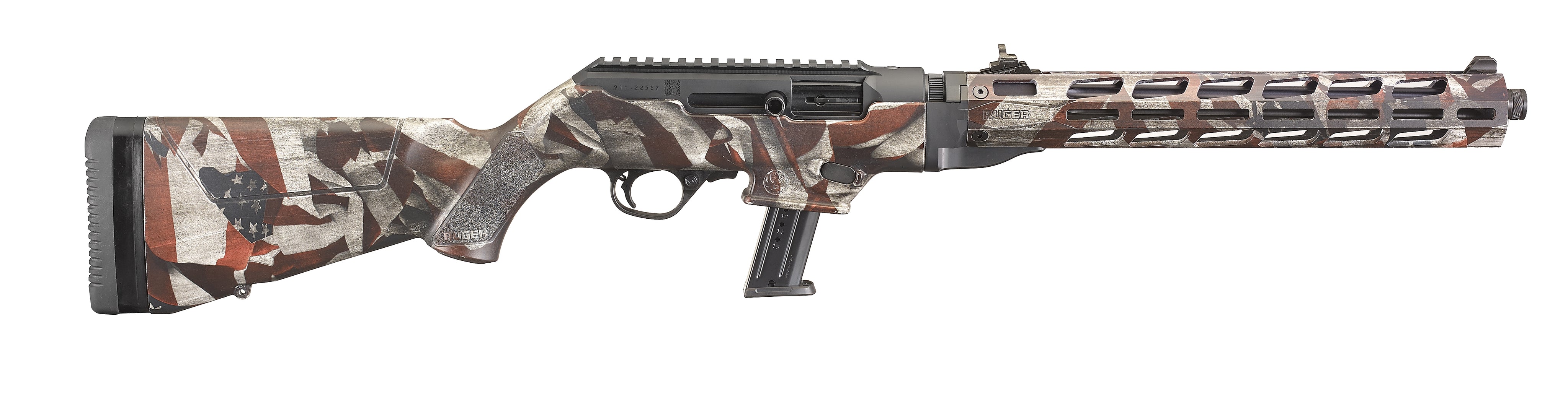 Ruger 19121 PC Carbine 9mm Luger 17+1 16.12" Threaded/Fluted Barrel, American Flag Cerakote Aluminum Alloy Receiver, American Flag Synthetic Stock, Optics Ready