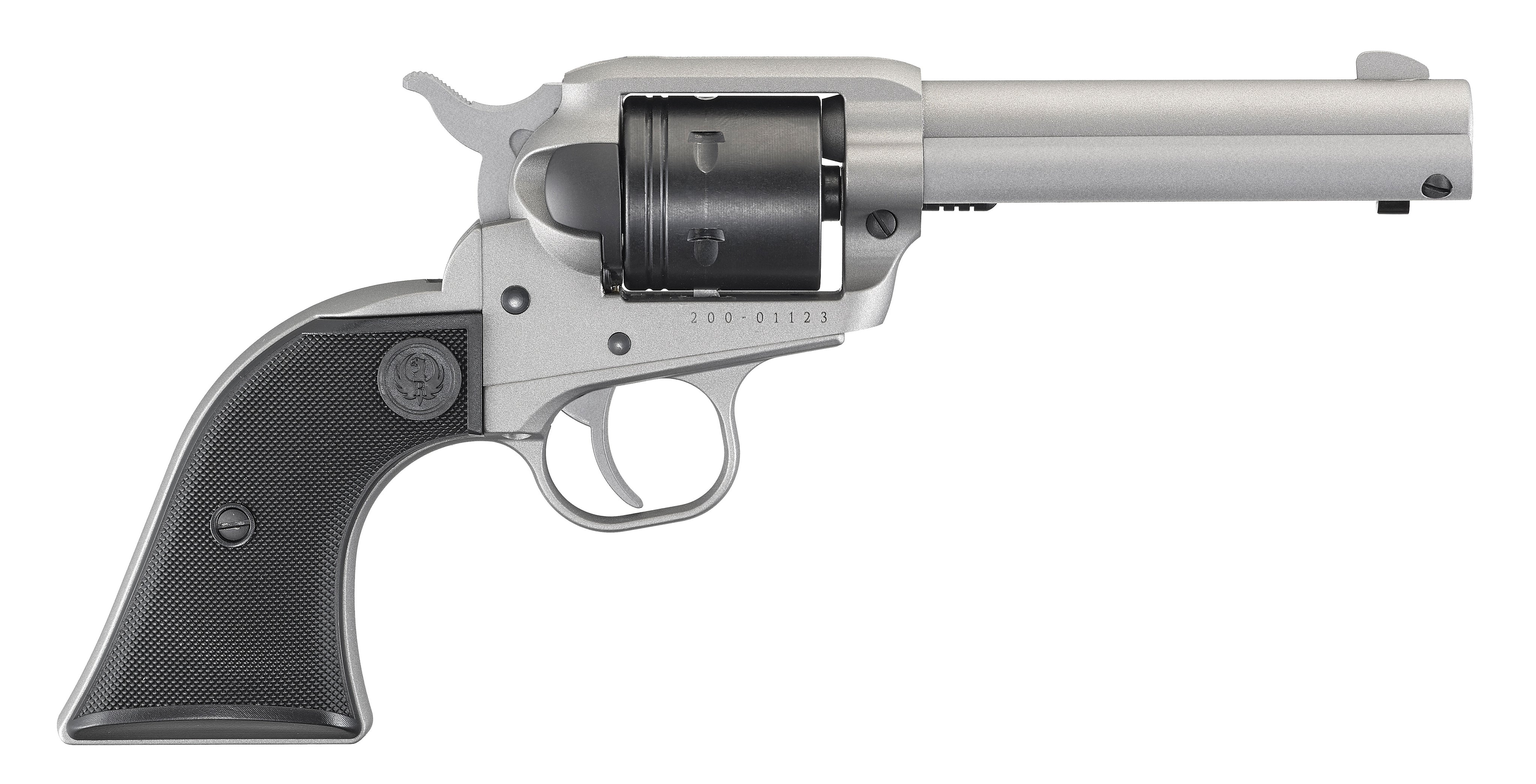 Ruger 2003 Wrangler 22 LR 6 Shot 4.62" Silver Cerakote, Silver Cerkoate Aluminum Frame & Cylinder Black Checkered Polymer Grips