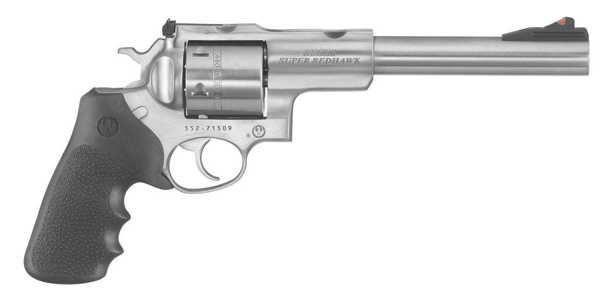 Ruger 5507 Super Redhawk Large Frame 480 Ruger 6rd 7.50" Satin Stainless w/Integral Mount Barrel, Satin Stainless Steel Cylinder & Frame, Hogue Tamer Monogrip, Transfer Bar Safety, Exposed Hammer