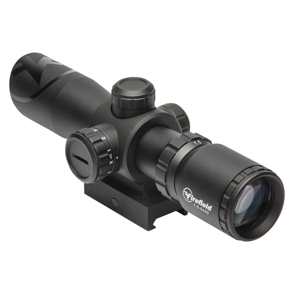 Firefield Barrage 1.5-5x32 Rifle Scope Illuminated Mil-Dot Reticle 1/2 MOA Second Focal Plane CR2032 Battery Integral Weaver-Style Mount Matte Black Finish