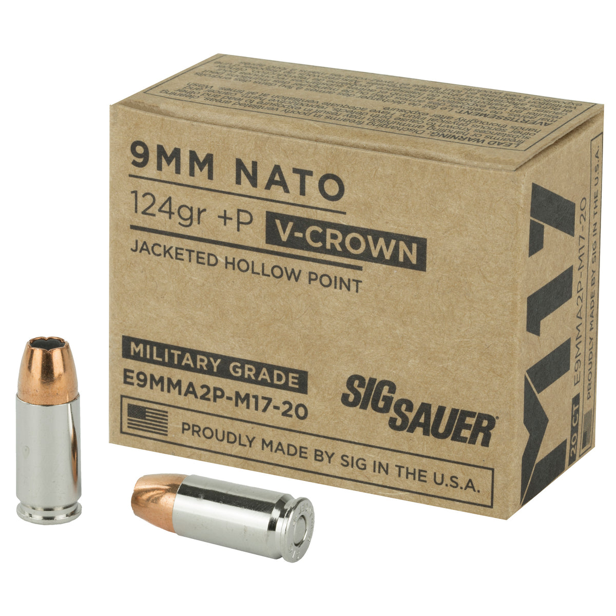 Sig Sauer 9mm Luger / Parabellum Military Grade M17 V-Crown + P 124 grain Jacketed Hollow Point ammunition