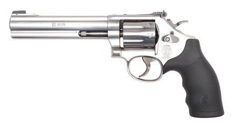 Smith & Wesson 12460 Model 648 K-Frame Frame 22 WMR 8 Shot 6" Stainless Steel Barrel, Cylinder & Frame, Black Finger Grooved Grip, Internal Lock Safety, Exposed Hammer