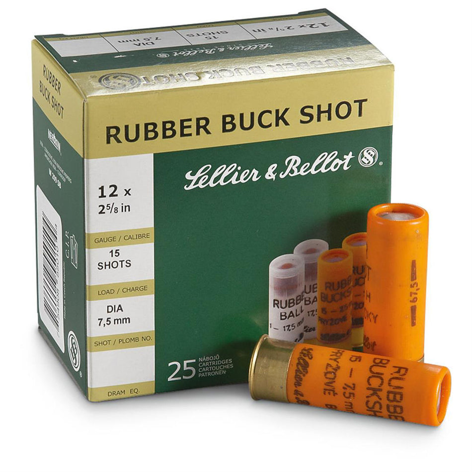 Sellier & Bellot (S&B) SB12RSA Shotgun Rubber Ball 12 Gauge 2.75" 211/16oz 15 Rubber Pellets 1476 fps 754908550104