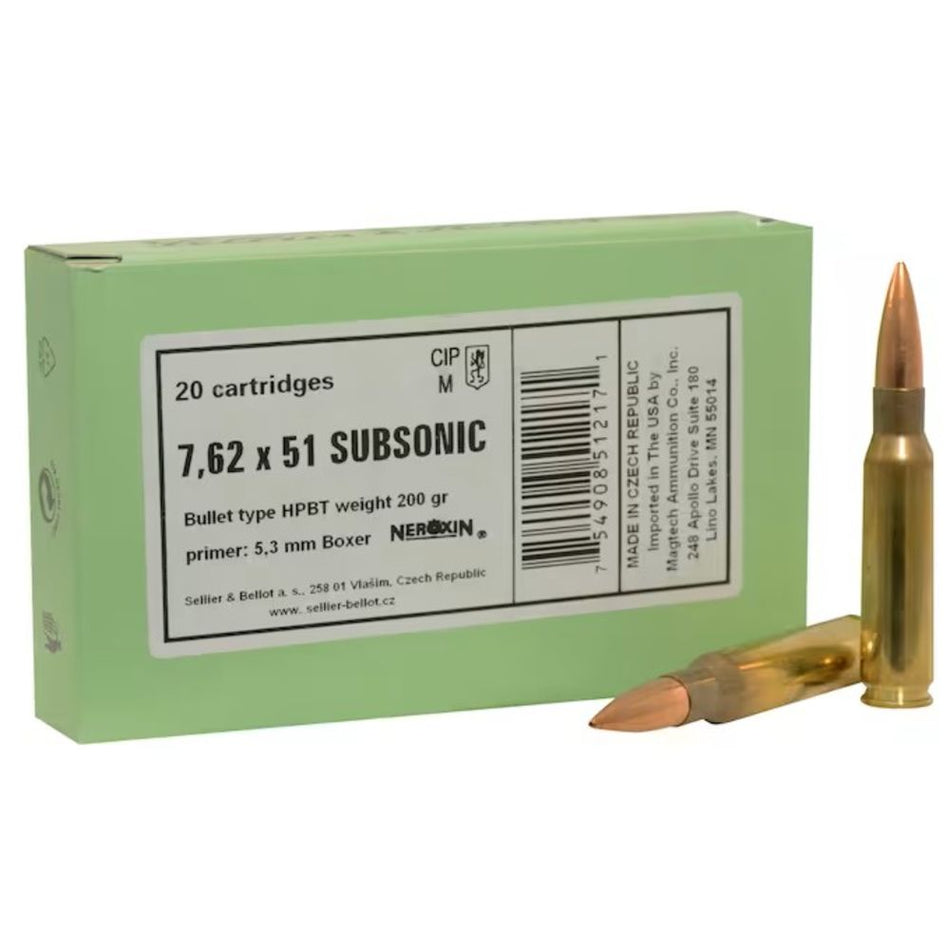 Sellier and Bellot .308 Win / 7.62x51mm Match 200 grain Hollow Point Boat Tail Subsonic ammunition