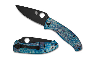 Spyderco Tenacious C122TIBLBKD2P 3.35" D-2 Tool Steel Drop Point Folding Knife Black Oxide Blue Titanium Disarray R.I.L. Lock