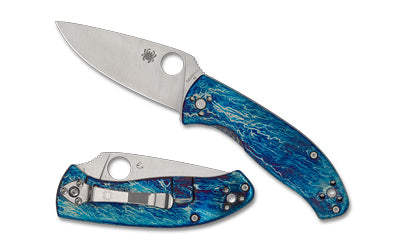 Spyderco Tenacious C122TIBLD2P 3.35" D-2 Tool Steel Drop Point Folding Knife Satin Finish Blue Titanium Disarray R.I.L. Lock