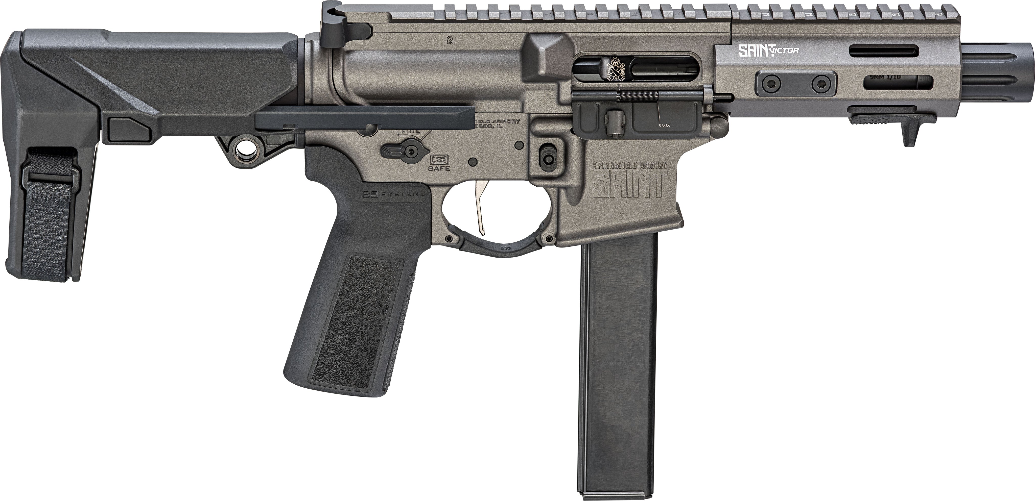 Springfield Armory STV95509T-PDW SAINT Victor PDW 9mm Luger 32+1 5.50" Tungsten Gray Cerakote Aluminum Receiver w/Picatinny Rail, Black Polymer SB Tactical HBPDW Brace, Black Polymer Grip