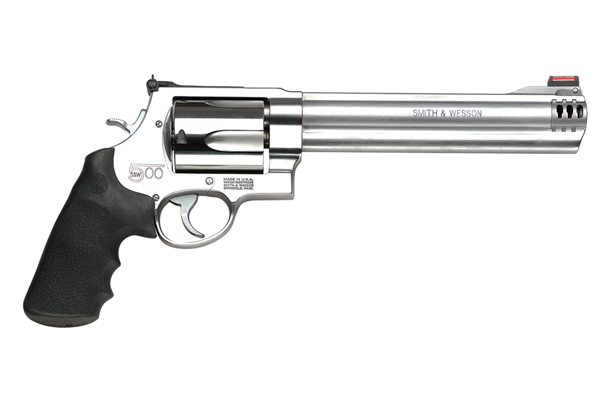 Smith & Wesson 163501 Model 500 X-Large 500 S&W Mag 5 Shot 8.38" Satin Compensated Barrel, Satin Cylinder, Satin Stainless Steel Frame, Black Finger Grooved Grip, Exposed Hammer